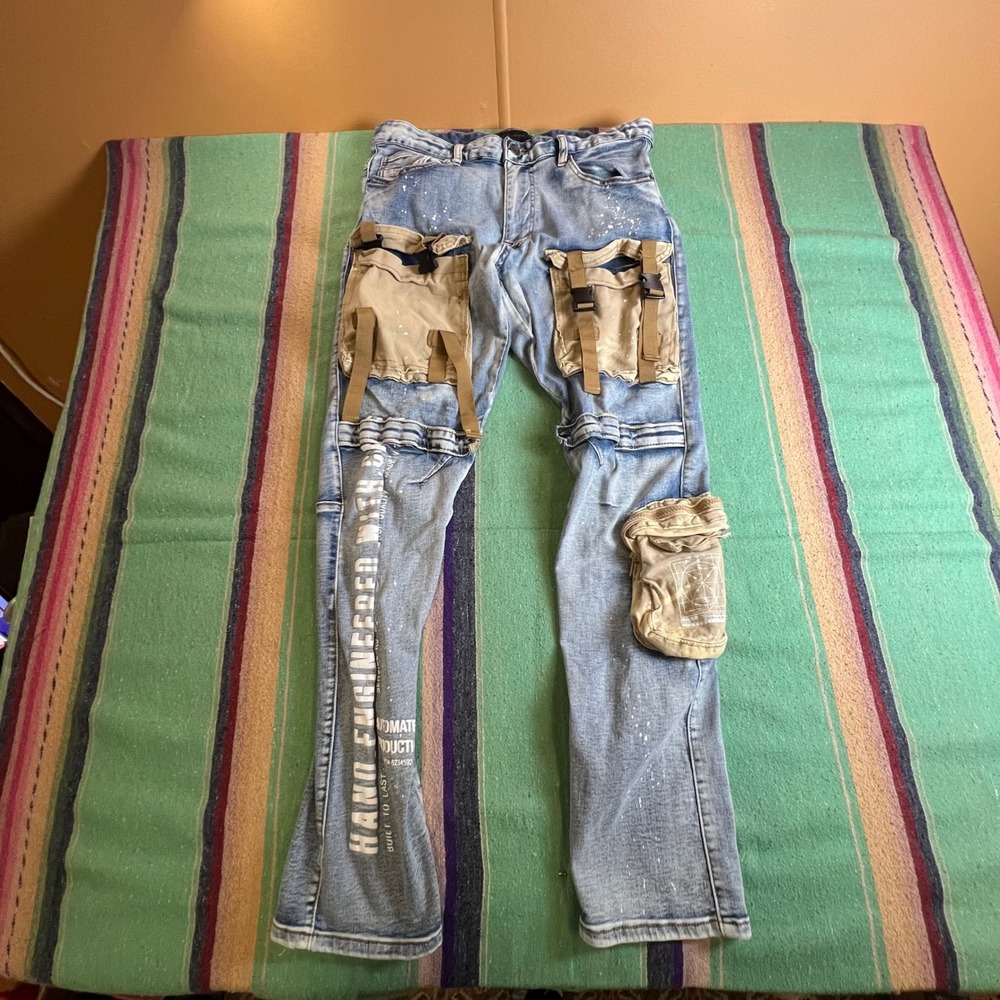 Decibel Cargo Jeans Mens 34 Blue Light Wash Tactical Buckle Paint Splatter Slim